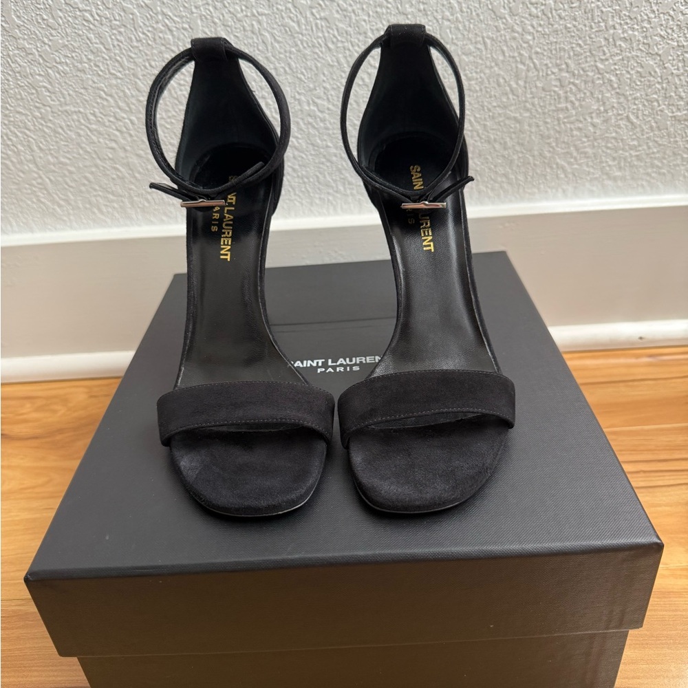 Saint Laurent Grace Black Suede Heels with Ankle Strap